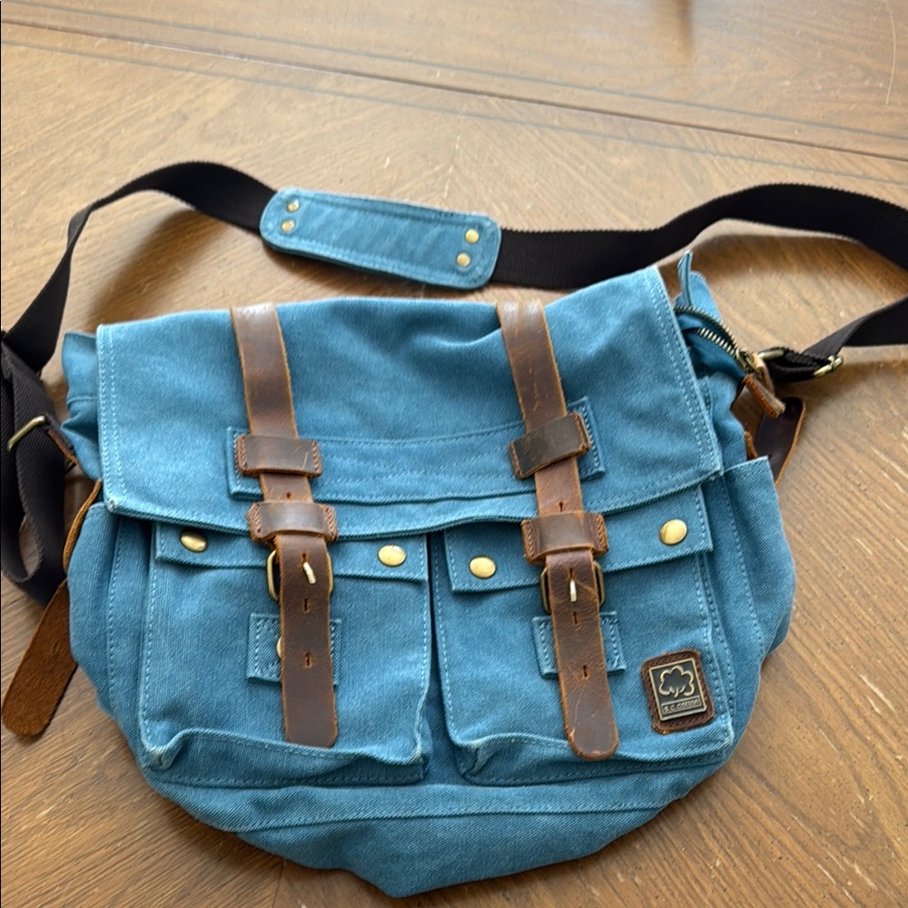 Blue Canvas and Brown Leather Messenger Bag with Adjustable Strap